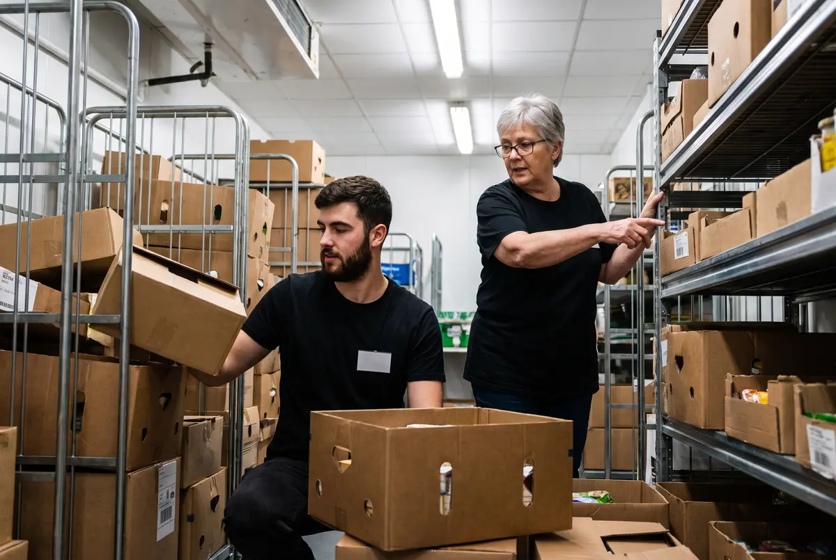 Praktikant packar upp varor i en butiks lager med en kollega som visar
