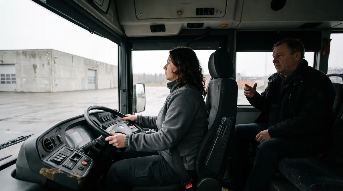 Kvinna vid ratten i en buss under en körlektion medan en förarlärare förklarar