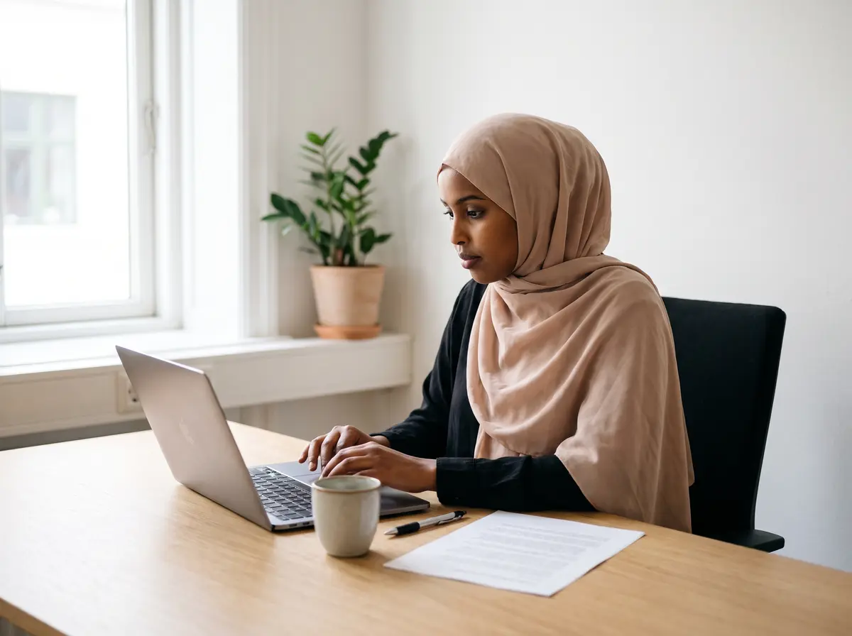 Kvinna skriver sitt CV på en bärbar dator