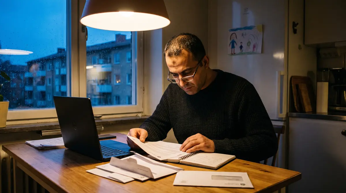 Man läser brev och ansöker om ersättning vid köksbordet