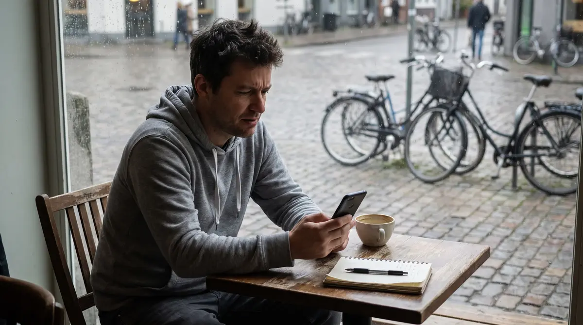 Man läser en platsannons i mobilen på ett kafé