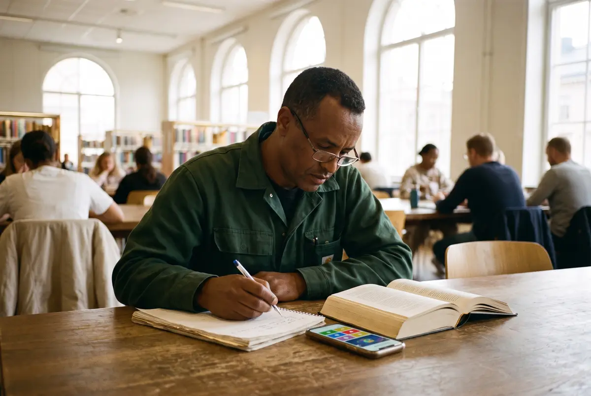 Man som pluggar inför medborgarskapsprovet på ett bibliotek