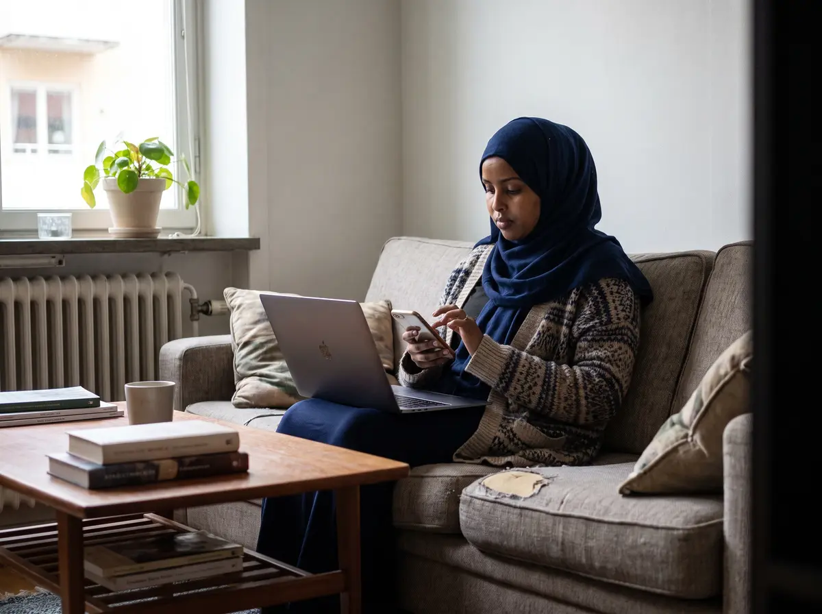 Kvinna väljer leverantör på Mina sidor i datorn hemma i soffan