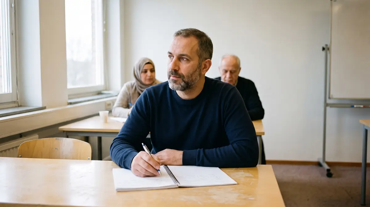 Man antecknar under en lektion i ett klassrum för vuxenutbildning